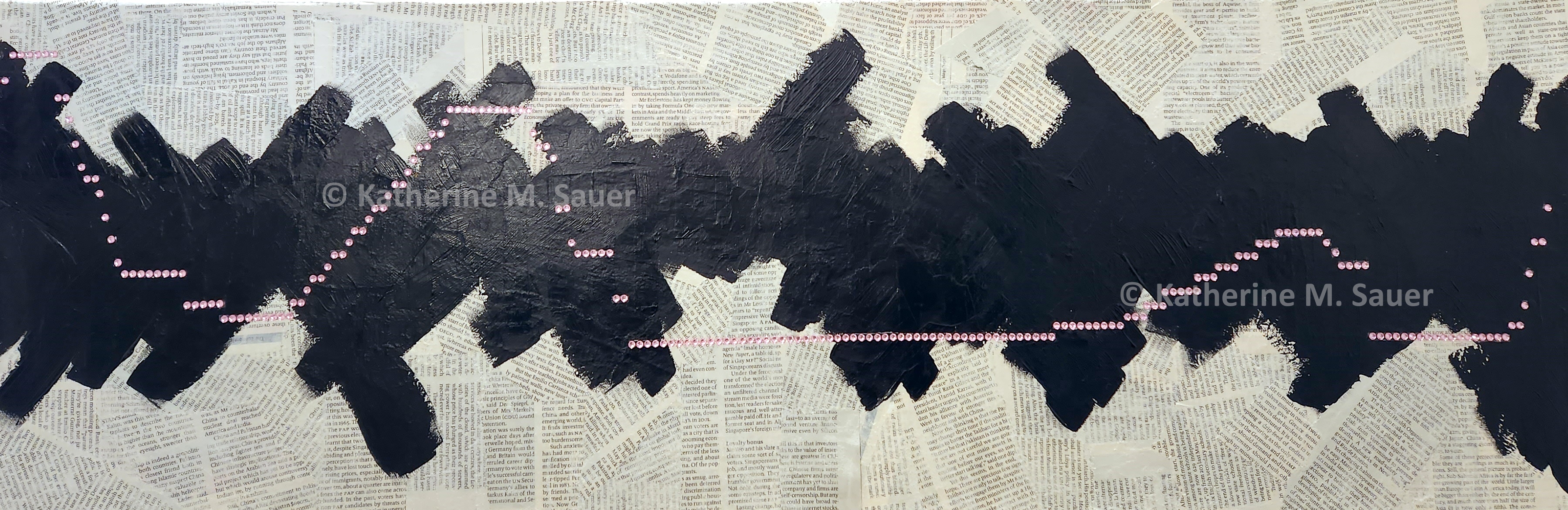 paper mache strips of The Economist magazine, black redacted areas, and pink jewels outlining the federal funds rate