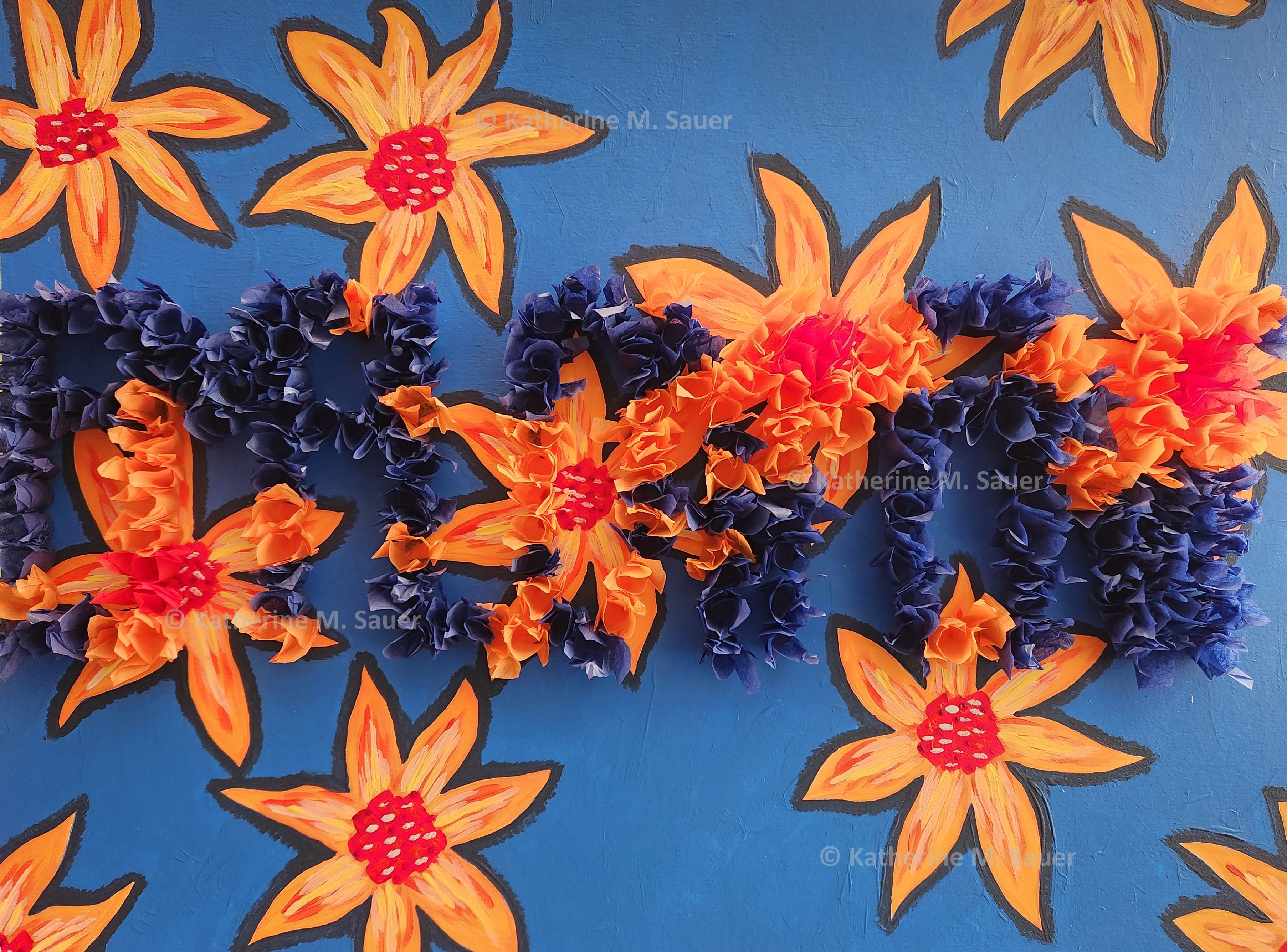 a painting of star-like orange flowers on a blue background with the word 'employment' created using tissue paper