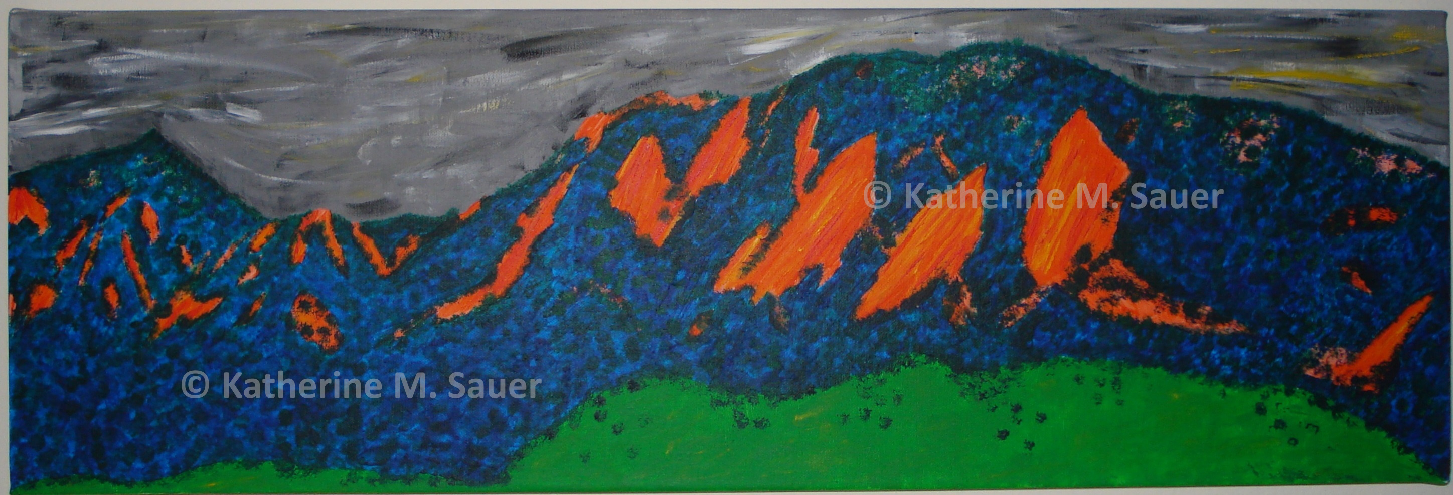 a painting of the Flatirons mountains outside of Boulder, CO