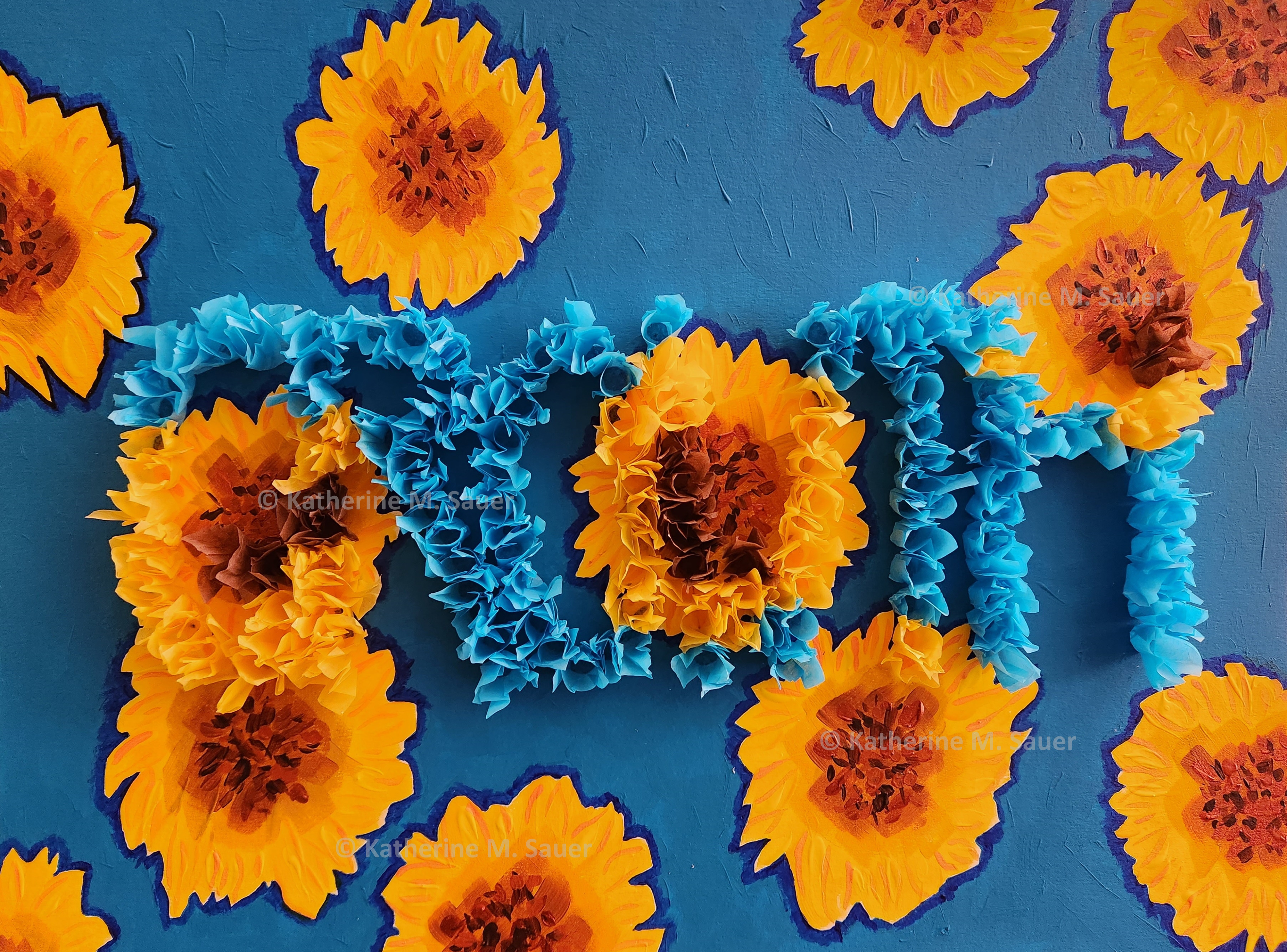 a painting of round orange flowers on a teal background with the word 'growth' created using tissue paper