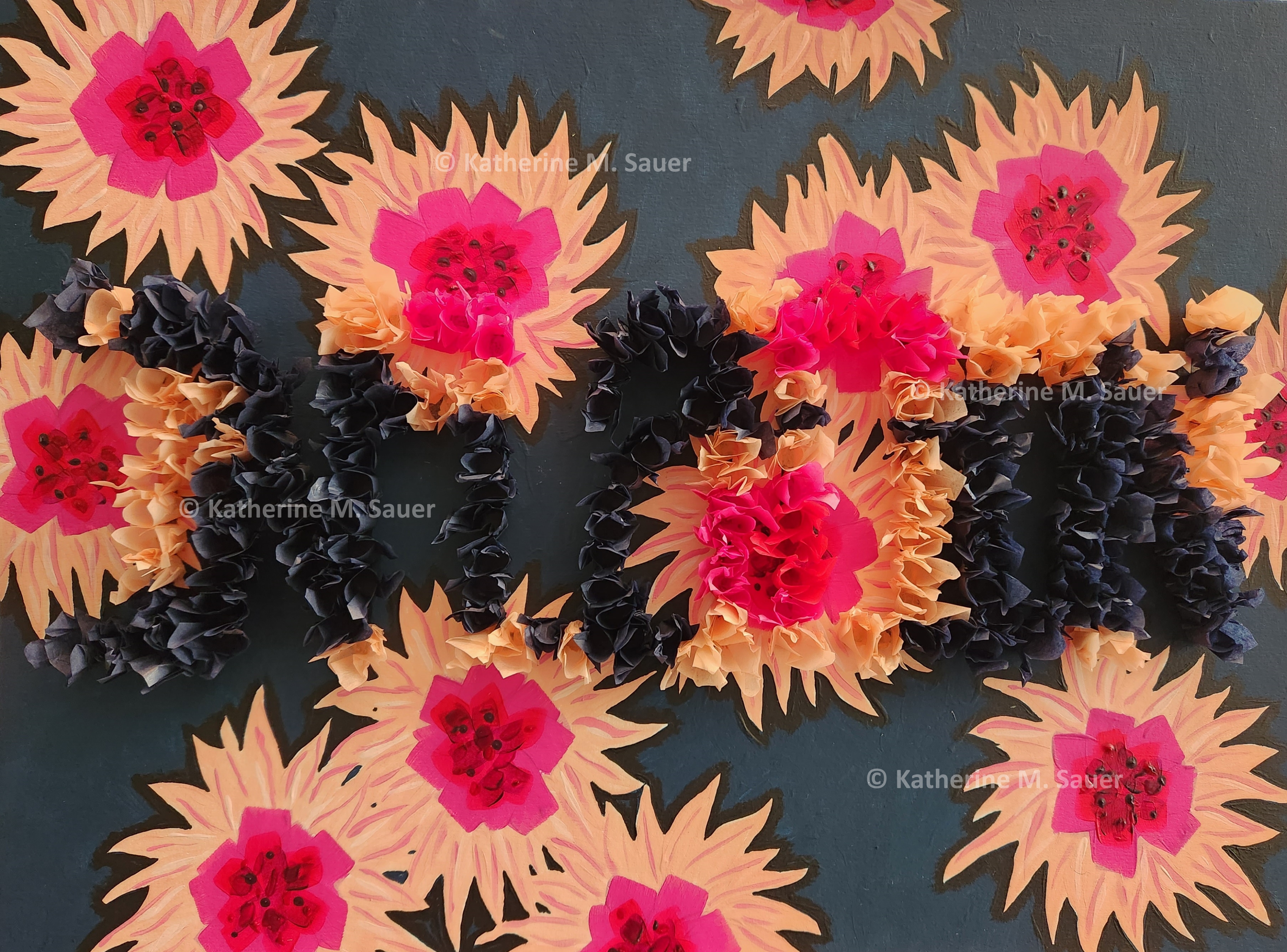 a painting of round pink flowers on a navy background with the word 'inflation' created using tissue paper