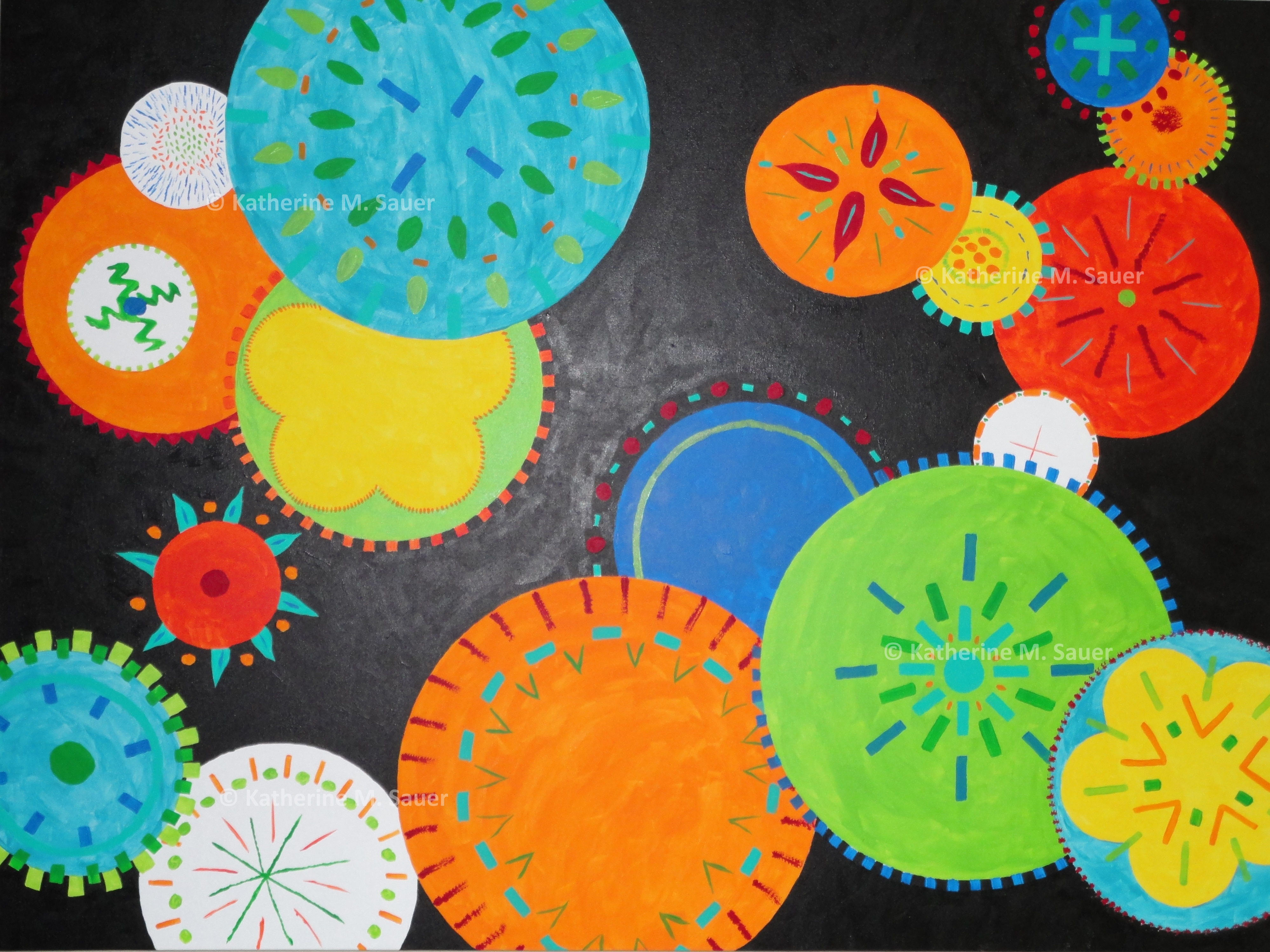 a painting of a variety of sizes of circles decorated in bright colors