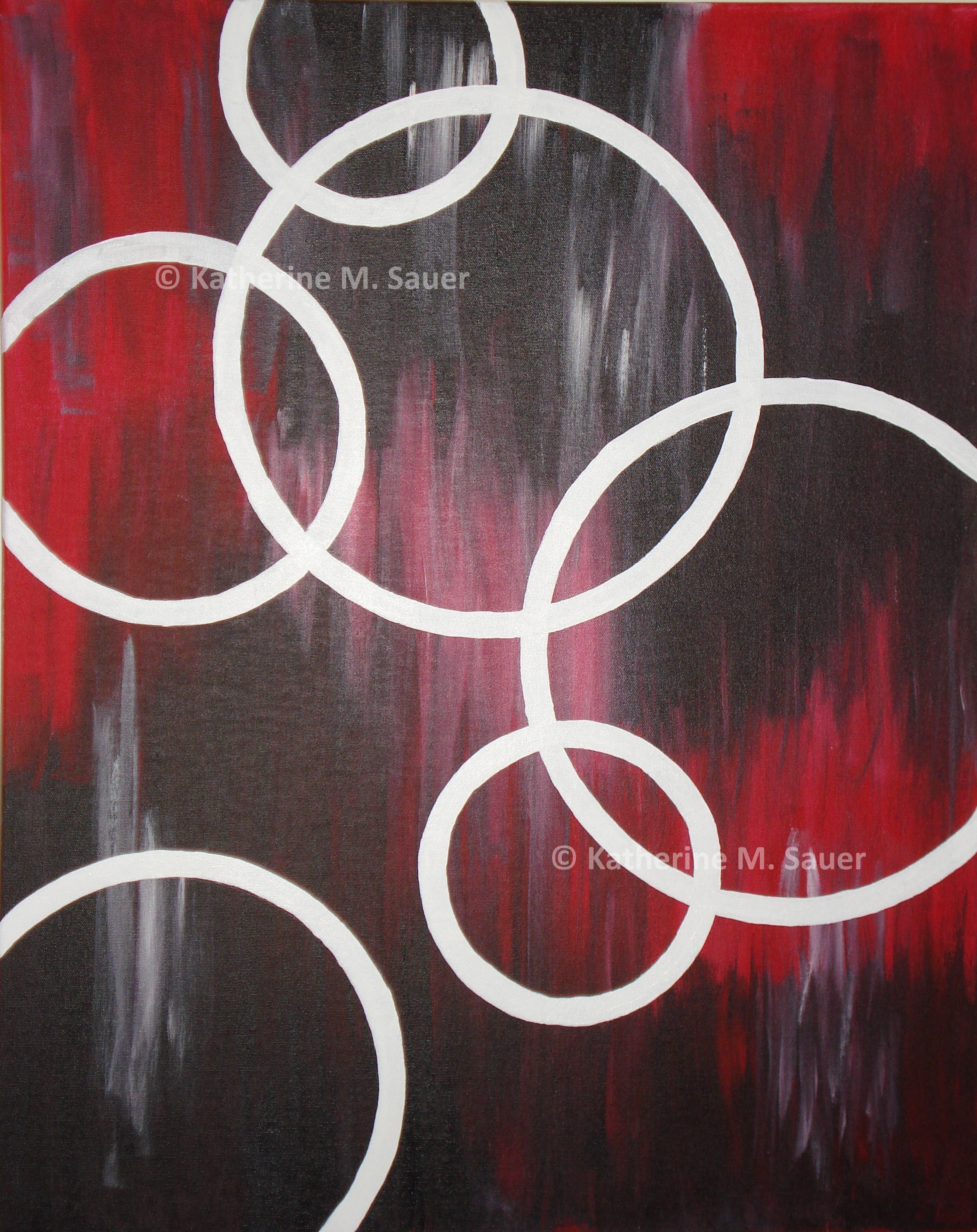 a painting of white rings in a variety of sizes, over a background of red, black, and gray