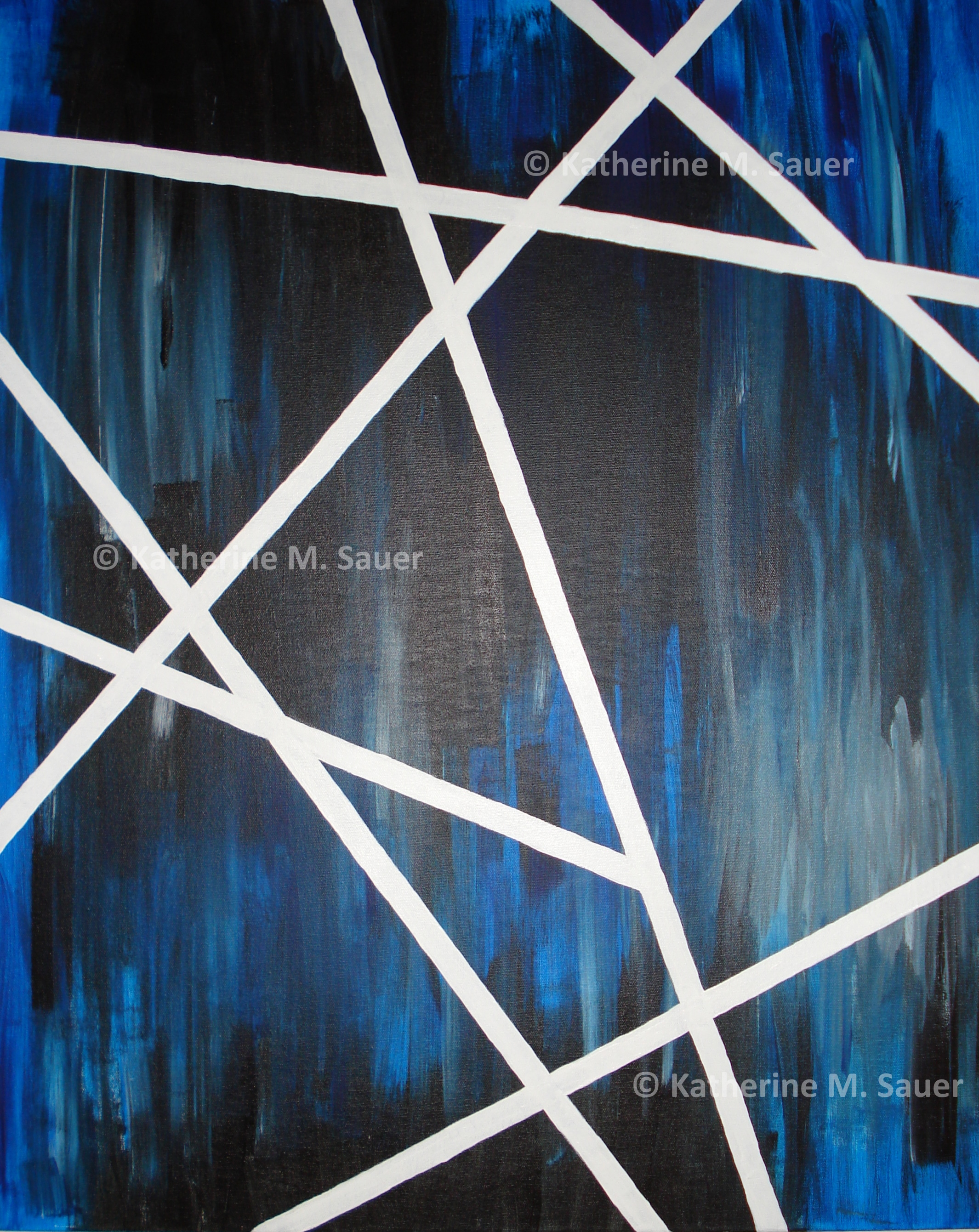 a painting of white lines cris-crossing, over a background of blue, black, and gray